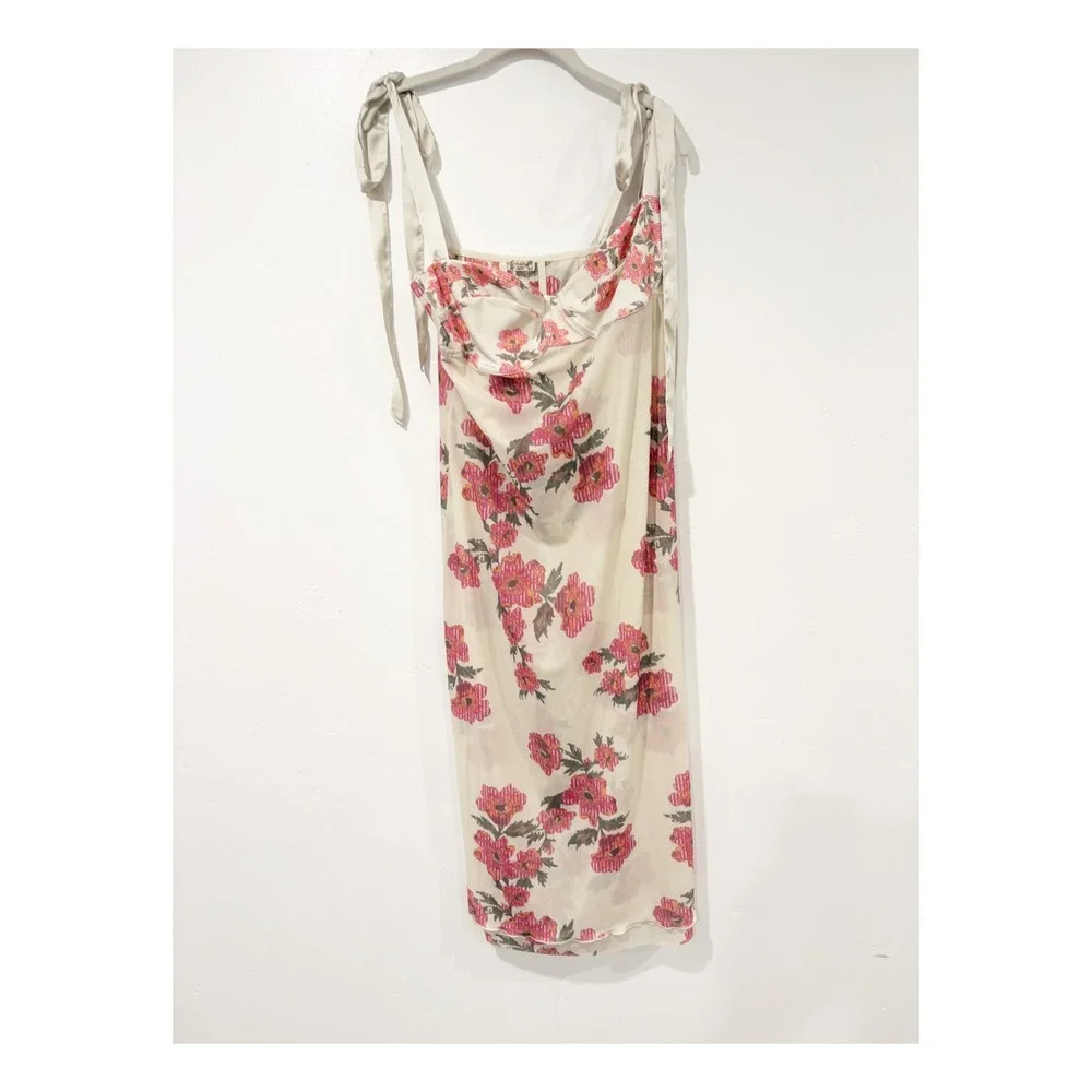 Free People Intimately Floral Mesh Midi Dress Ivory Pink XL New